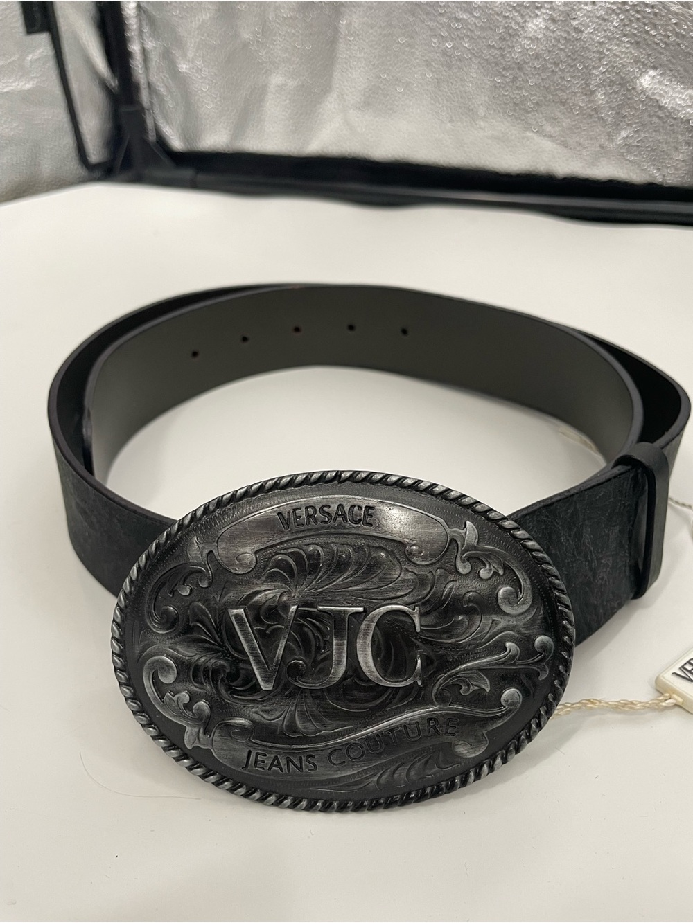 Versace Jeans Collection Black Leather Belt with Ornate VJC Oval Buckle